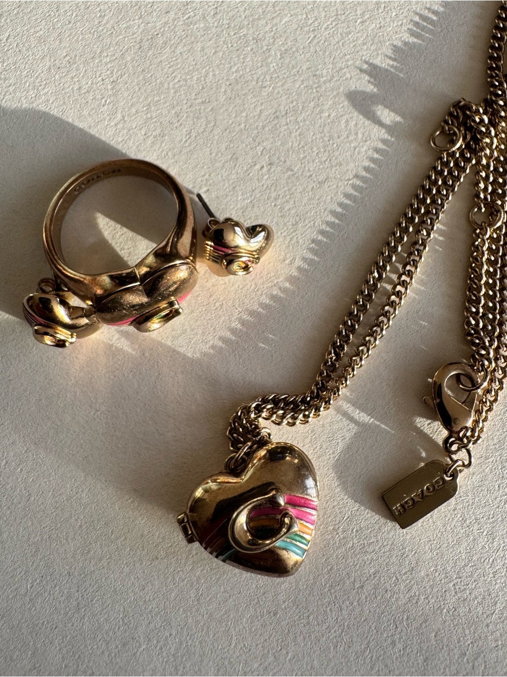 Coach Gold-Tone Heart Locket Necklace and Enamel Accent Ring Set - Pink & Teal